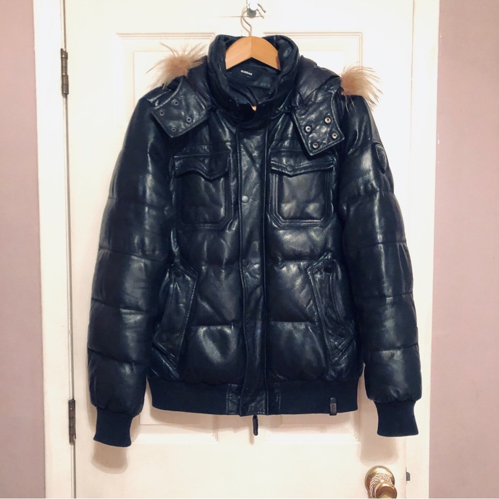 Rudsak Leather puffer Black jacket w. detachable fur-trimmed hood sz L